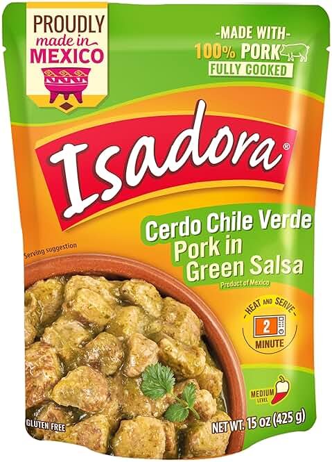 Isadora Fully Cooked Pork Chile Verde 15 oz Pouch, Ready-to-Eat Authentic Mexican Meal, Pork in Green Salsa, Medium Heat, Shelf Stable Meat, No Refrigeration Needed, Heat and Serve Instant Meal - Product Image