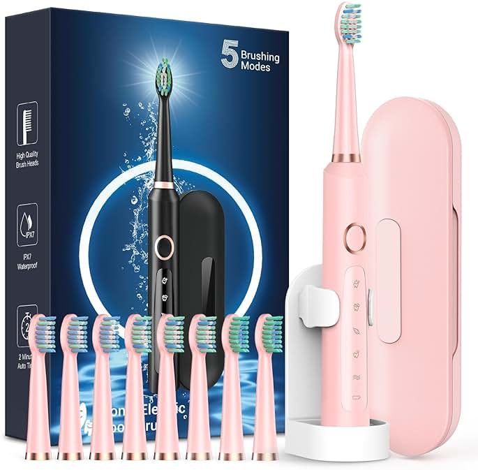 Rtauys M5 Sonic Electric Toothbrush for Adults and Kids - Rechargeable Electric Toothbrush Kids Ages 12+ and Adults with 8 Brush Heads & Travel Case, 120 Days Battery Life - Pink - Product Image