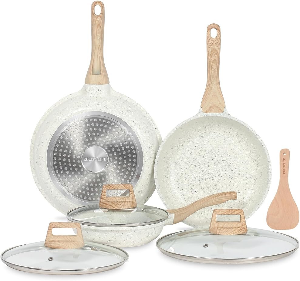 ESLITE LIFE Nonstick Ceramic Frying Pans Skillets Set with Lids, Non-Toxic Egg Omelette Kitchen Cooking Pans Compatible with All Stovetops (Gas, Electric & Induction), PTFE & PFOA Free (White) - Product Image