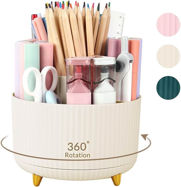 SKYDUE 360 Rotating Plastic Desk Pen Organizer with 5 Slots, Dual-Purpose Art Supply Pencil Cup for Office, School, Home - Product Image