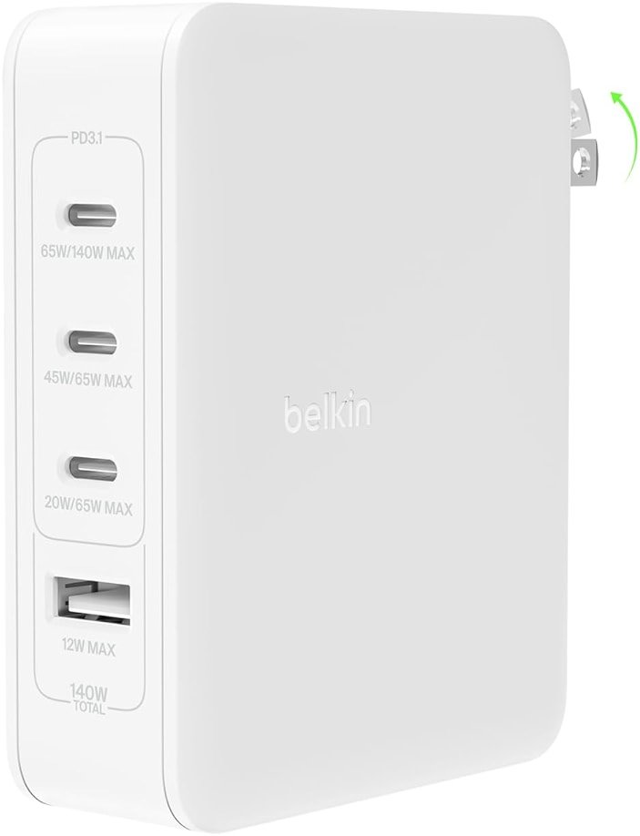 Belkin 4-Port Charger Block 140W, GaN Charger USB-C Power Delivery Fast Charge & USB-A Port - MacBook, Apple iPhone 17, Air, iPad, Samsung Galaxy S25, Google Pixel 10, Nintendo Switch 2 & More - White - Product Image