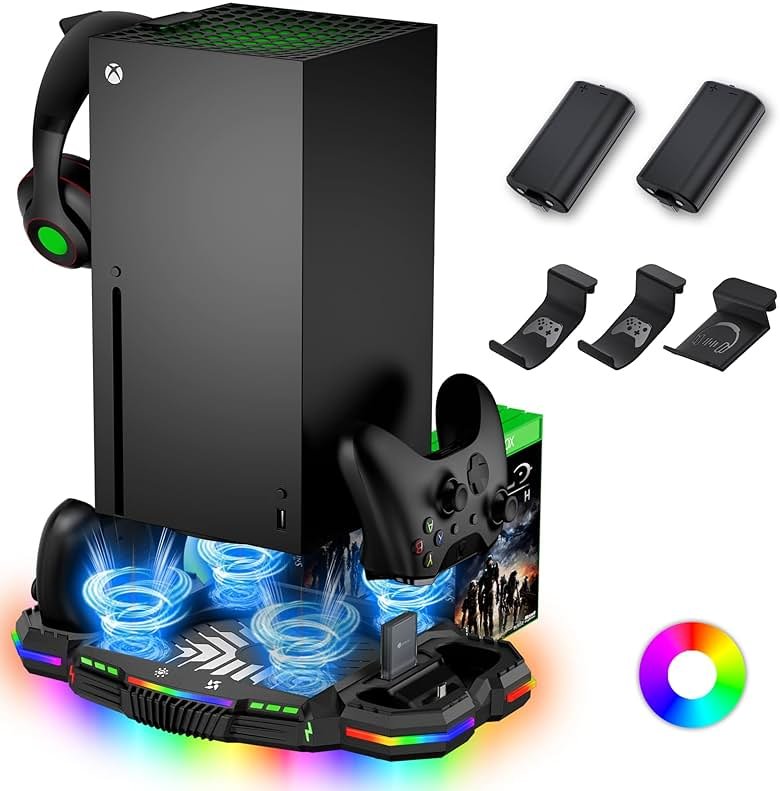 Cooling Fan with Charging Station for Xbox Series X Console and Controller - Vertical 15 RGB Modes Cooler Stand System, Low-Noise, Effectively Reduce Console Temperature and Quickly Charge Controller - Product Image