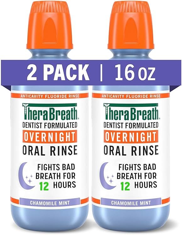 TheraBreath Overnight Mouthwash, Fights Bad Breath for 12 Hours, Chamomile Mint Flavor, Dentist Formulated, Fluoride Rinse, Alcohol Free, 16 fl oz (Pack of 2) - Product Image