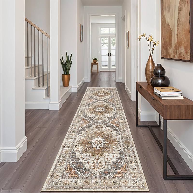 Madane Runner Rug 2x8, Washable Hallway Runner Rugs, Non-Slip Low-Pile Soft Kitchen Rug Runner Laundry Room Rug, Vintage Throw Entry Foyer Mat for Entrance Living Room (Turmeric/Grey, 2 x 8) - Product Image