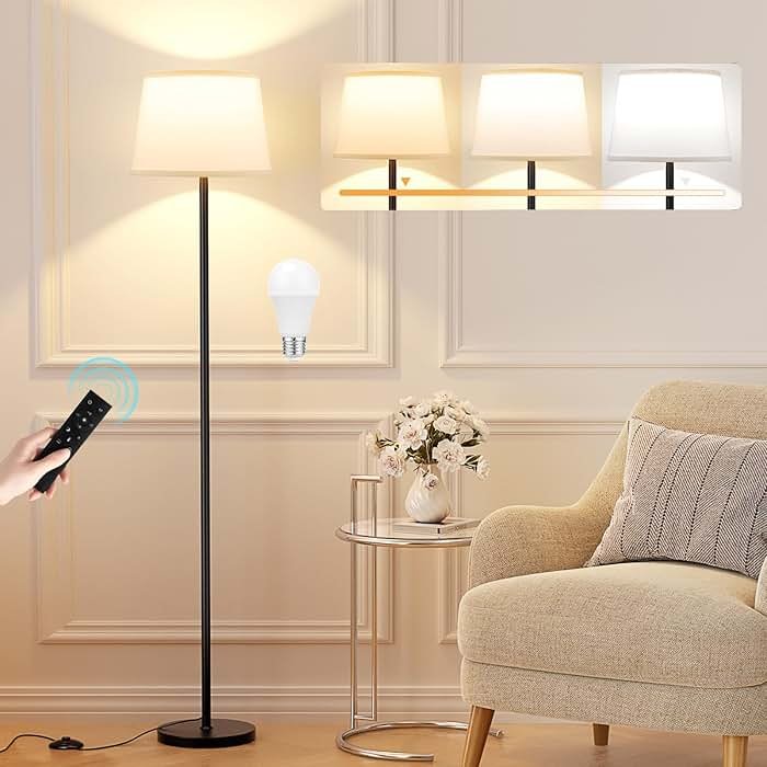 Raexpectis Modern Floor Lamp with Adjustable Brightness, Remote Control, Black, LED Bulbs, White Shade, Foot Switch, Easy Assembly - Product Image