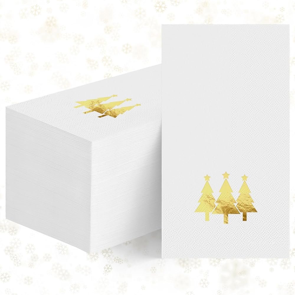 Horaldaily 100 Christmas Disposable Paper Decorative Guest Napkins, Gold Foil Christmas Trees Hand Towel for Party Lunch Dinner Kitchen Bathroom - Product Image