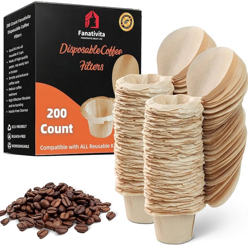 200 Count Fanativita K Cup Filters Disposable with Genius Lid Design, Fit All Reusable K Cups for Keurig (Unbleached) - Product Image