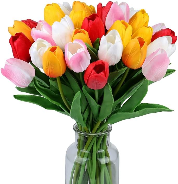 SITUMEIZI Fake Flowers Tulips Artificial Flower 15pcs Real Touch PU 14" for Spring Easter Home Kitchen Wedding Bouquet Bulk Mother's Gift Day Decorations(Assorted Colors,5) - Product Image