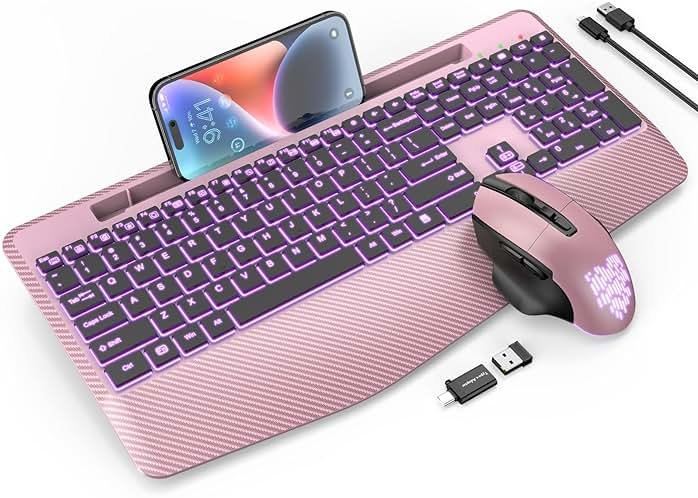 Wireless Keyboard and Mouse Backlits, Wrist Rest, LED Mouse, Rechargeable Ergonomic Keyboard with Phone Holder, Silent Light Up Combo for Computer, Mac, PC, Laptop, Chromebook (Rose Gold) - Product Image