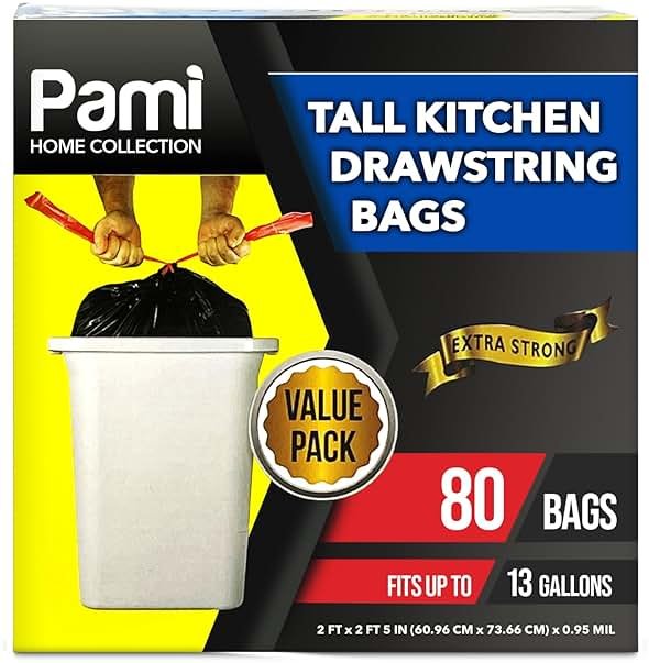 PAMI Tall 13-Gallon Kitchen Drawstring Trash Bags [80-Pack, Black] - Extra-Strong Plastic Garbage Bags- Thick Trash Can Liners For Kitchen, Bathroom & Outdoor Bins- 2ft x2ft Unscented Trash Bags - Product Image