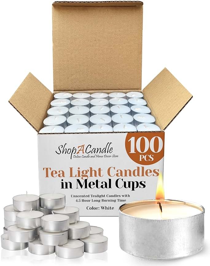 100 Pack Tealight Candles in Metal Cups - Clean, White Unscented with 4.5 Hour Long Burning Time - Votive Candles Bulk for Romantic Dinner, Weddings, Spa & Hotels by PARNOO - Product Image