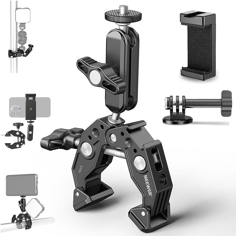 NEEWER Super Clamp with 3" Dual Ballhead Magic Arm, Cold Shoe, 1/4" Threads, Phone/Action Camera Mount Adapter for Desk Tripod Tube Crossbar Gimbal Rods Compatible with SmallRig GoPro DJI, ST83 - Product Image
