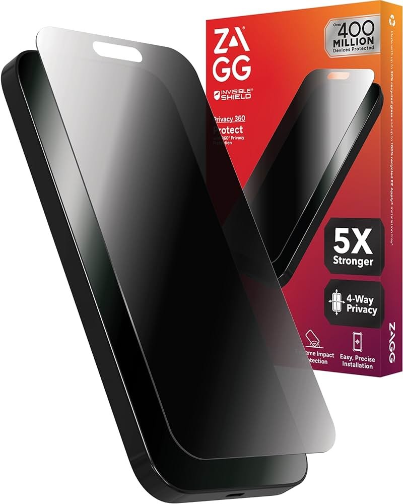 ZAGG InvisibleShield Glass Elite Privacy 360 iPhone 15 Pro Max Screen Protector - 5X Stronger with Reinforced Edges, 4-Way Privacy Filter, Scratch & Smudge-Resistant Surface, Easy to Install - Product Image