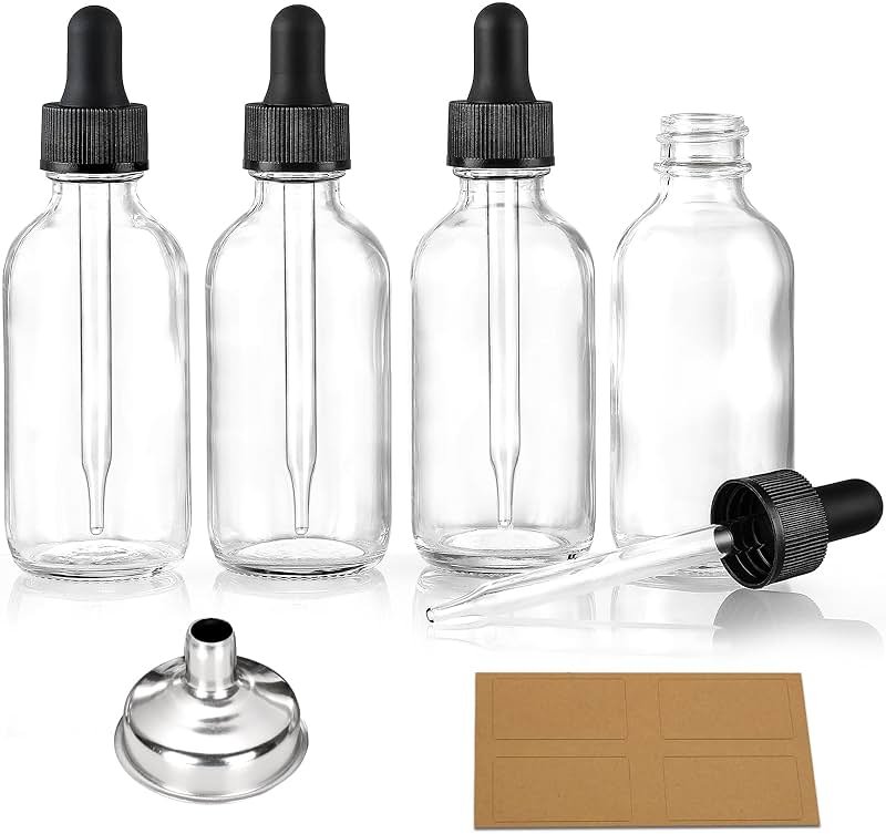 Set of 4, 1 oz Clear Eye Dropper Bottles with 1 Stainless Steel Funnels & 4 Labels - Black Caps 30ml Thick Glass Tincture Bottles - Leakproof Essential Oils Bottles for Health, Personal Care & Beauty - Product Image