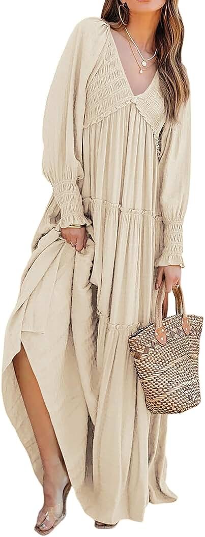 R.Vivimos Maxi Dress for Women Long Sleeve V Neck Empire Waist Layered Ruffle Boho Casual Flowy Long Dresses - Product Image
