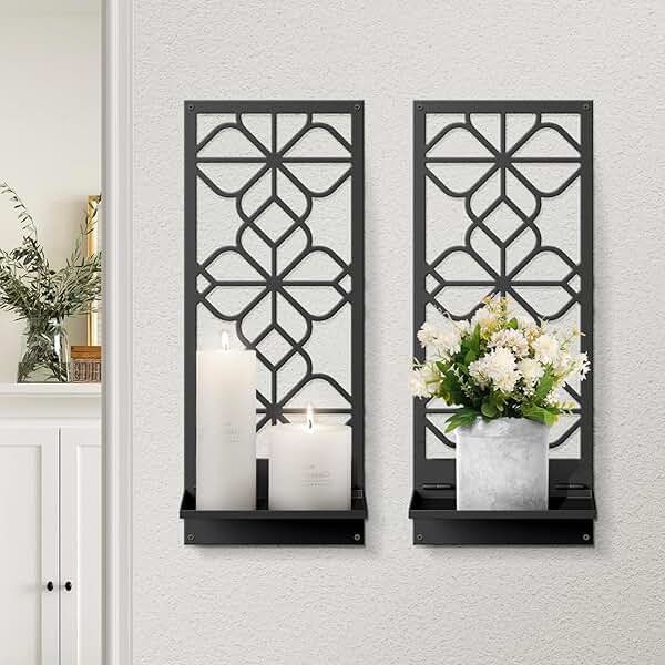 Black Metal Wall Candle Holder Set of 2, Boho Vintage Farmhouse Bathroom Wall Art, 3D Rustic Aesthetic Line Decor for Entryway, Hallway, Bedroom, Office, Living Room - Meaningful Gift (16.5 x 7 in) - Product Image