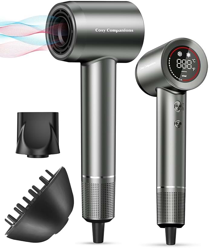 Cosy Companions Hair Dryer - Negative Ionic Blow Dryer with 150000 RPM High Speed Brushless Motor for Fast Drying, Low Noise, HD Display Hair Dryer with Diffuser and Nozzle, 5 Temps & 2 Speeds - Product Image