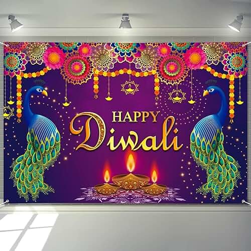 Extra Large Happy Diwali Banner 72" x 48" India Festival of Lights Peacock Diwali Backdrop Decorations Party Supplies Photography Background for Indoor Outdoor Garden,Yard,Party Home Decor - Product Image