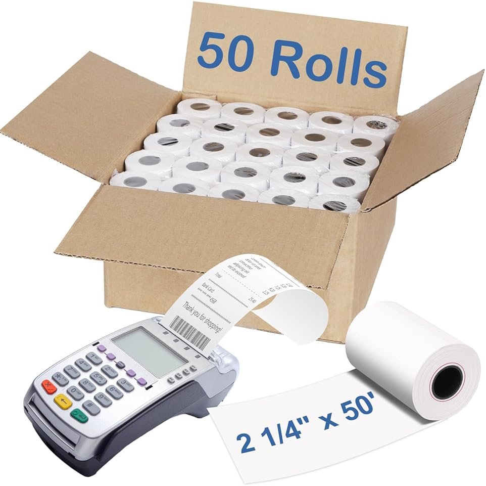 Razuvo 2 1/4" x 50' Thermal Paper Rolls (50 Rolls), BPA Free Receipt Paper, 58mm Thermal Receipt Paper Fits Mini POS Thermal Printer, Square Terminal Paper for Small Businesses - Product Image