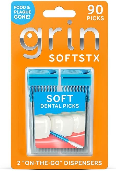 GRIN Softstx, Gentle Dental Picks, 90 Count, Soft Flexible Bristles, Textured Plaque Removing Toothpick, Minty Flavor, for Between Teeth, Refillable Hygienic Case, for Braces, Bridges, and Implants - Product Image
