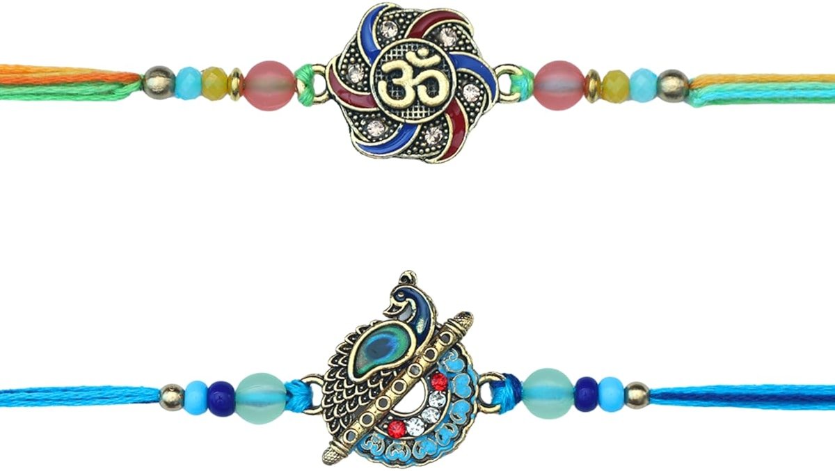 ARTISENIA Premium Designer Set of 2 Rakhi for Brother with Raksha Bandhan Greeting Card | Roli Chawal Tika - Raksha Bandhan Peacock Rakhi for Brother | Rakhi for Bhaiya | Rakhi Thread RNJ0027 - Product Image
