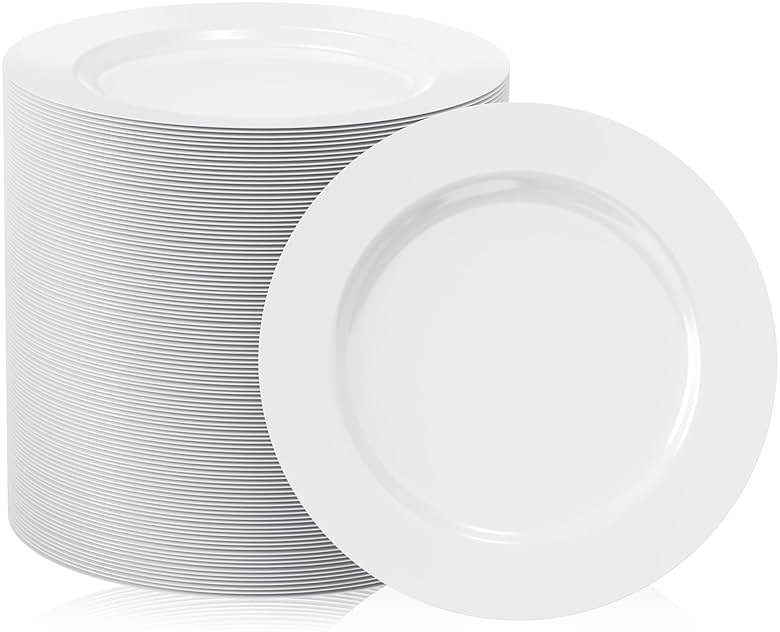 FOCUSLINE 100 Count White Plastic Dessert Plates 7 Inch, Disposable Heavy Duty Plastic Plates for Weddings, Parties and Events - Product Image