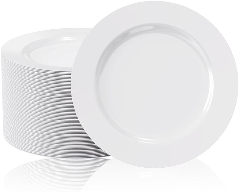 FOCUSLINE 100 Count White Plastic Plates 10 Inch, Disposable Heavy Duty Dinner Plates- Premium Hard Plastic Plates Fancy Disposable White Plates for Weddings, Parties and Events - Product Image