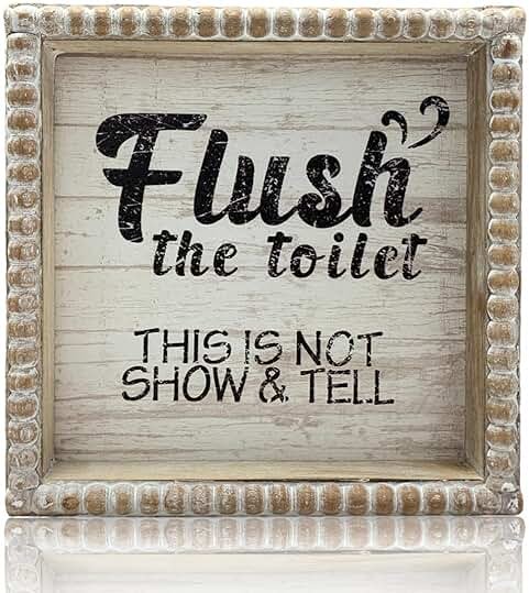 Boho Farmhouse Wooden Framed Bathroom Decor Signs, Funny Restroom Decorative Plaque Small Cute, Toilet Rules Shelf Decoration (Flush The Toilet Sign) - Product Image
