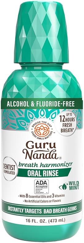 GuruNanda Oral Rinse Fresh Breath Mouthwash, ADA-Accepted Alcohol-Free Mouthwash, 7 Essential Oils & Vitamins, SLS & Flouride-Free, Wild Mint, 16 Oz - Product Image