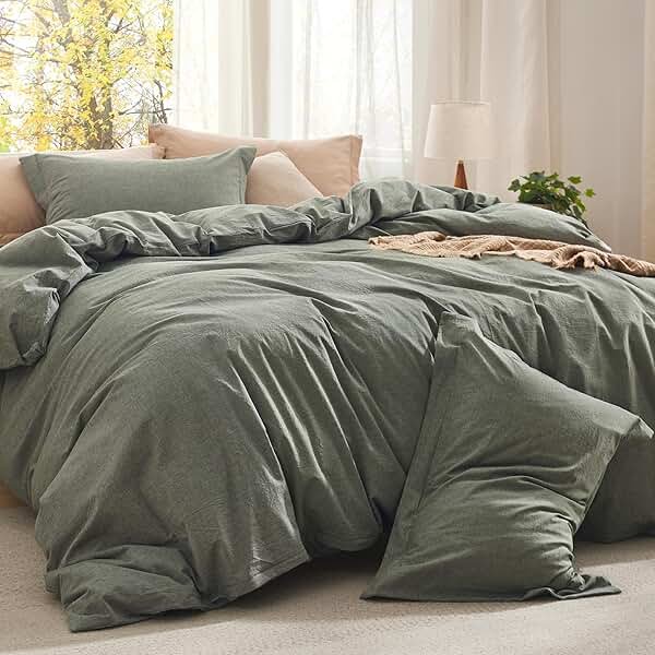 Bedsure Comforter Set Queen Size Grayish Olive Green - Cotton Fabric with Microfiber Inner Fill, PureWoven Comforter Set for All Seasons, 3 Pieces, 1 Comforter (90"x90") and 2 Pillow Cases (20"x26") - Product Image