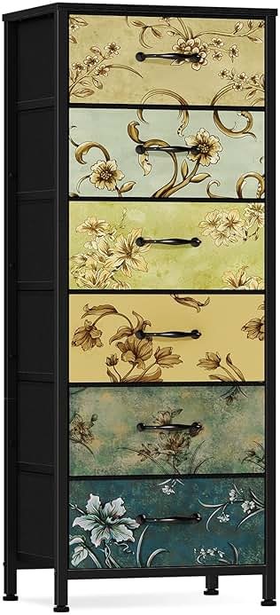 Furnulem Tall 6 Drawers Dresser, Vintage Storage Organizer Unit with Fabric Bins for Bedroom, Living Room, Closet, Nusery, Dorm, Entryway, Bedside Furniture, Sturdy Metal Frame, Wood Top - Product Image