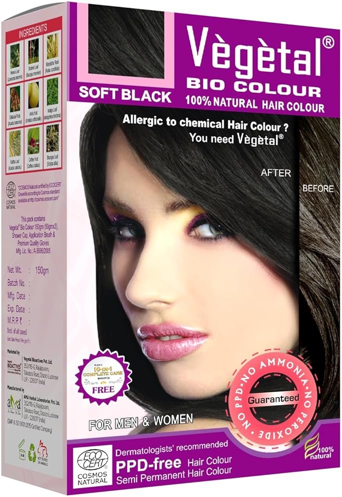Vegetal Bio Colour - Soft Black 150g | 100% Herbal and Organic Hair Color | Ammonia-Free, PPD-Free | Semi-Permanent Dye for Men and Women | Protects UV and Maintains Luster | Complete Kit Included - Product Image