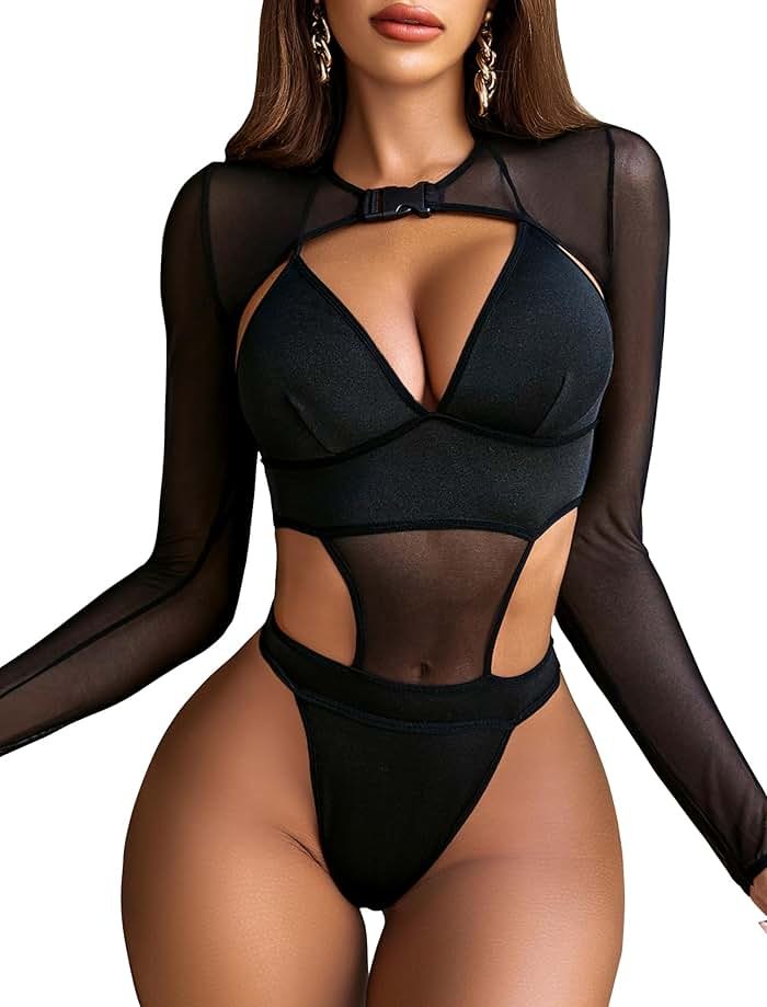 Avidlove Rave Outfits for Women Festival Sexy Lingerie Bodysuit Buckle Shrug Crop Top Set - Product Image