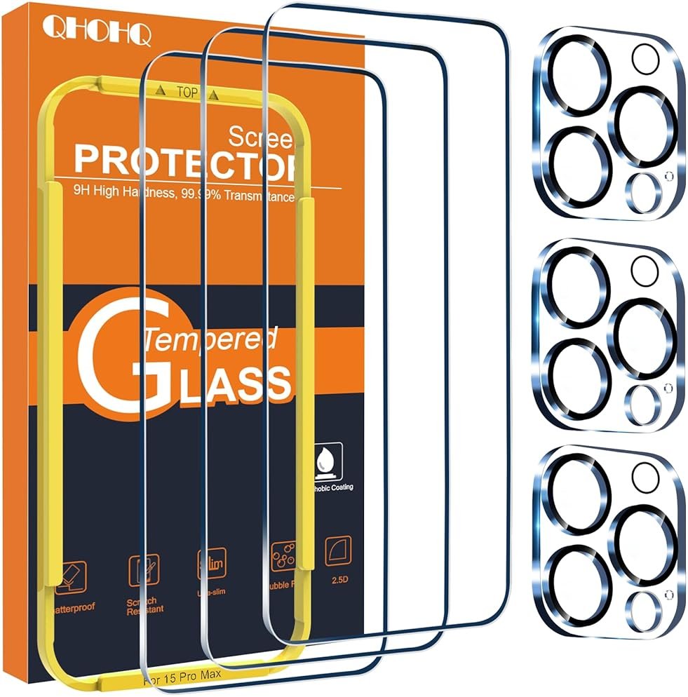 QHOHQ 3 Pack Screen Protector for iPhone 15 Pro Max [6.7 Inch] with 3 Pack Camera Lens Protector, Tempered Glass Film, HD Clear, 9H Hardness, No Bubbles, Case Friendly - Product Image