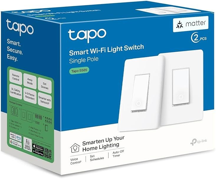 TP-Link Tapo Matter Smart Light Switch: Voice Control w/Siri, Alexa & Google Home | UL Certified | Timer & Schedule | Easy Guided Install | Neutral Wire Required | Single Pole | Tapo S505(2-Pack) - Product Image