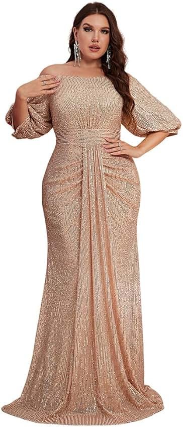 Women's Plus Size Off Shoulder Puff Sleeve Sequin Formal Maxi Dress Evening Party Gowns - Product Image