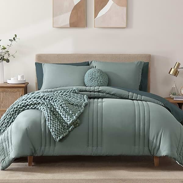 Monbix Queen Comforter Set - 7 Pieces Sage Green Bed in a Bag Queen Bedding Sets with Comforters, All Seasons Comforter Bed Set with Sheets,Pillowcases & Shams - Product Image