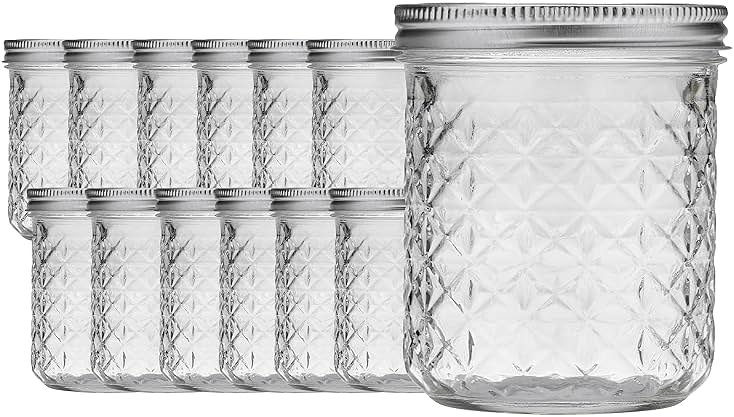LAIBY Ball Quilted Crystal Jelly Jars (Case of 12), 8 oz glass jars with lids, Canning Lids Wide Mouth, Storage Glass Jar With Airtight Lids And Bands For Preserving, Jam, Honey and Jelly - Product Image