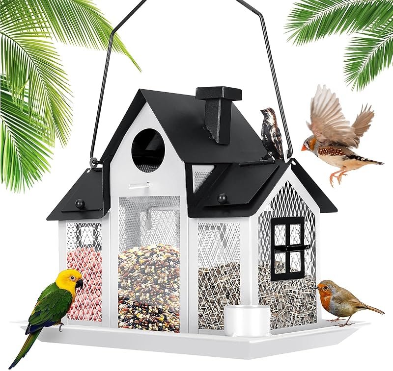 Solar Bird Feeders House for Outside Hanging, Metal Wild Bird Feeder for Outdoors Large Capacity Cardinal Birdfeeder Birdhouses Metal Bird Feeding Station White - Product Image