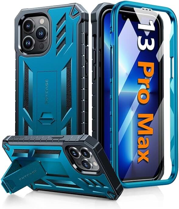 FNTCASE for iPhone 13 Pro Max Case: [Built-in Screen Protector & Kickstand] [Military Grade Drop Protection] Heavy Duty Full Protective Matte Textured Shockproof TPU Rugged Phone Cover - Blue - Product Image