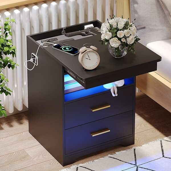 Night Stand with Gun Drawer, Charging Bedside Table with USB & Type-C Port, LED Nightstand with Human Sensor Light, Modern End Table with Drawers for Bedroom Office, Black - Product Image
