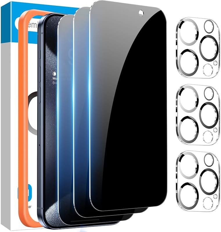 Fotbor [3+3 Pack for iPhone 15 Pro Privacy Screen Protector & Camera Lens Protector, Privacy Screen iPhone 15 Pro, Anti Spy Private Tempered Glass Easy Installation Kit 6.1 Inch Accessories - Product Image