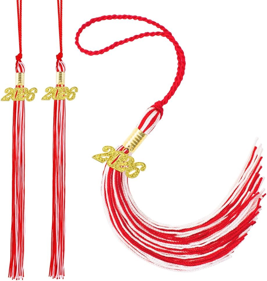 2Pcs Red White 2026 Tassel Grad with 2026 Tassel Charms for Graduation Cap Decorations Gifts, 2 pcs White and Red Tassels for Graduation Hat Accessories, High School Class of 2026 Tassels Grad Charm - Product Image