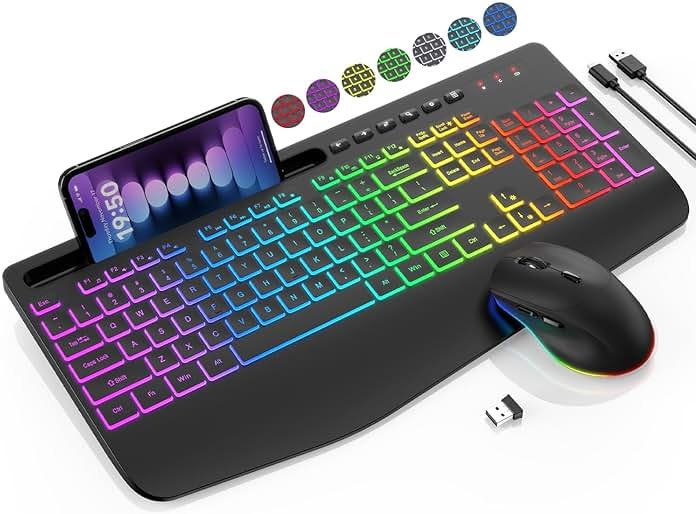 Wireless Keyboard and Mouse Combo - 9 Backlit Effects, RGB, Ergo Wrist Rest, Phone Holder, 2.4G Full Size, Rechargeable, Sleep Mode, KM22 MAX Quiet Set for Computer, PC, Laptop, Mac, Windows- SABLUTE - Product Image