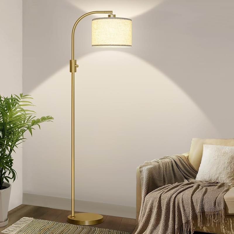 Nintiue Upgraded Modern Arc Dimmable Tall Standing Floor Lamp with Linen Shade, 1200 Lumens LED Bulb Included, for Living & Reading Room, Bedroom, Office & Nursery, Gold - Product Image