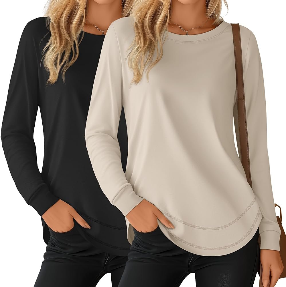 Riyiper 2 Pack Women's Crew Neck Sweatshirts, Cotton Long Sleeve Casual Shirts Loose Fit Tunic Tops Plain Basic Pullover Tees - Product Image