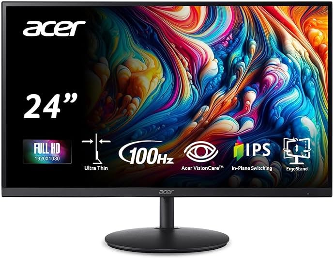 Acer SH242Y Ebmihx 23.8" FHD 1920x1080 Home Office Ultra-Thin IPS Computer Monitor AMD FreeSync 100Hz Zero Frame Height/Swivel/Tilt Adjustable Stand Built-in Speakers HDMI 1.4 & VGA Port - Product Image