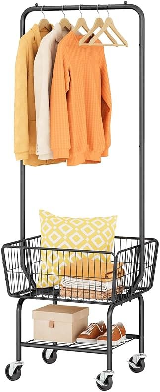 Tajsoon Laundry Cart with Hanging Rack, Metal Laundry Basket with Wheels, Laundry Hamper with Storage Basket and Shelf, Rolling Laundry Cart with Wheels, Black - Product Image