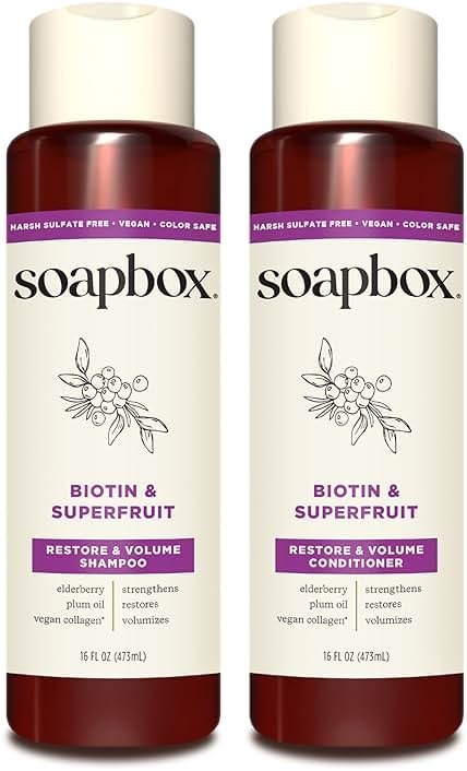 Soapbox Biotin & Super Fruit Shampoo & Conditioner Set, Leaves Hair Volumized & Strengthened - Clean Ingredients Free of Harsh Chemicals, Sulfates, Parabens & Silicones - 16 oz Each - Product Image