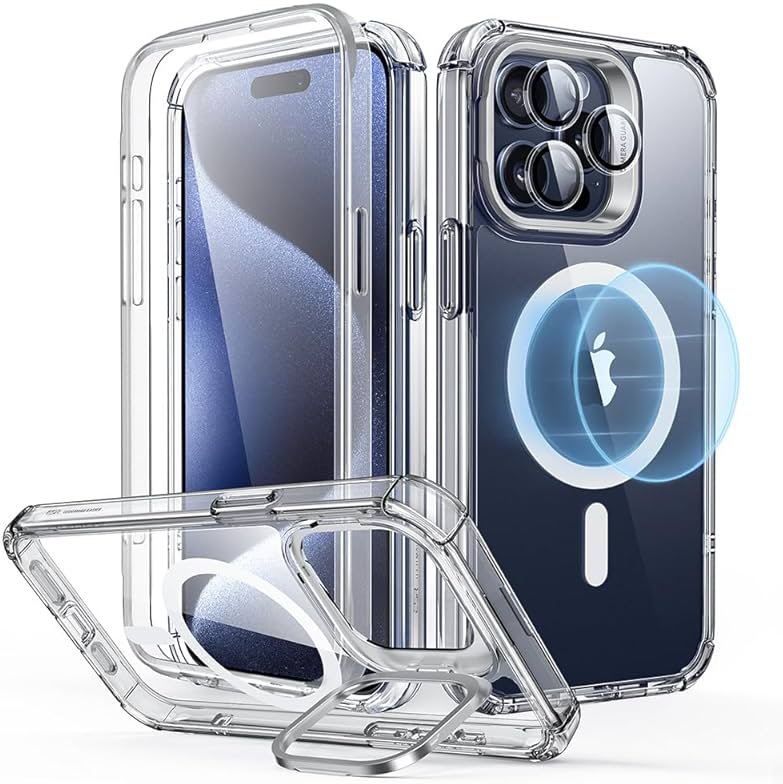 ESR for iPhone 15 Pro Max Case with Stand, Compatible with MagSafe, Full-Body Military-Grade Drop Proof Case with Built-in 9H+ Tempered Glass Screen Protector, Armor Series, Clear - Product Image
